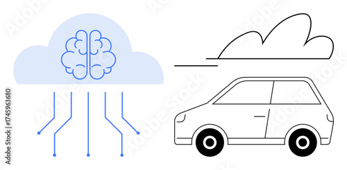 Cloud-shaped brain with circuit lines illustrating AI and data flow next to a car, suggesting autonomous vehicle technology. Ideal for AI, cloud computing, automation, IoT, innovation, connectivity