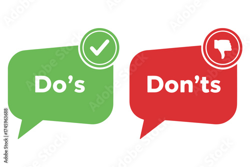 Dos and donts speech bubbles with checkmark and thumbs down icons, isolated on transparent background