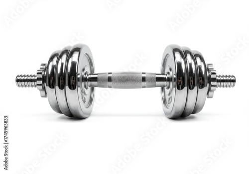 A single, adjustable, chrome dumbbell rests horizontally on a white background.