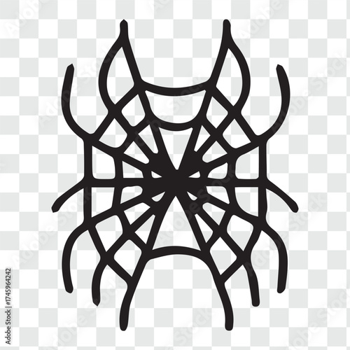Stylized Black Spider  , A simple, stylized vector icon of a spider web or cobweb in black silhouette. 