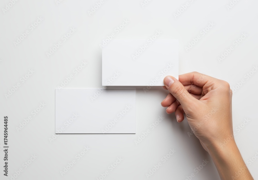 Fototapeta premium Hand holds blank white card over another for presentation.