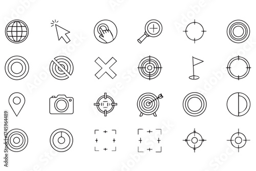 Assortment of line art icons including a globe, cursor, camera, crosshairs, target, and more, isolated on a transparent background