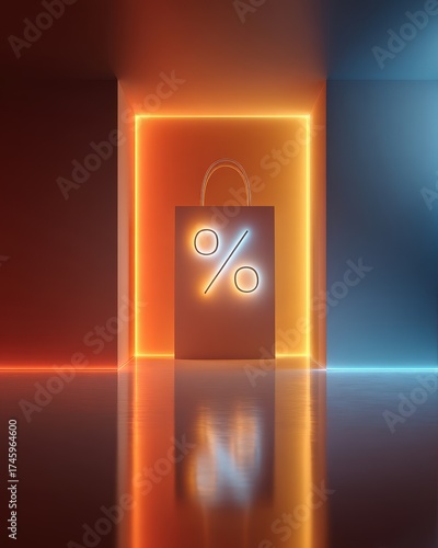 Abstract Shopping Concept with Neon Lights and Discount Sign