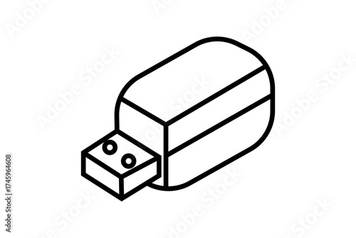 The image shows a black and white line illustration of a USB flash drive. The design is simple and geometric, featuring the USB connector at one end and a rounded rectangular body.