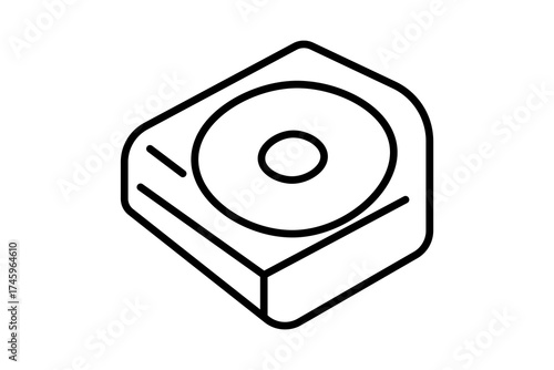 The image shows a simple black and white line illustration of a compact disc (CD) or DVD inside a square case viewed in isometric perspective.