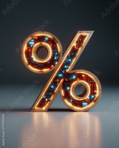 Digital Percentage Symbol with Neon Glow on Dark Background