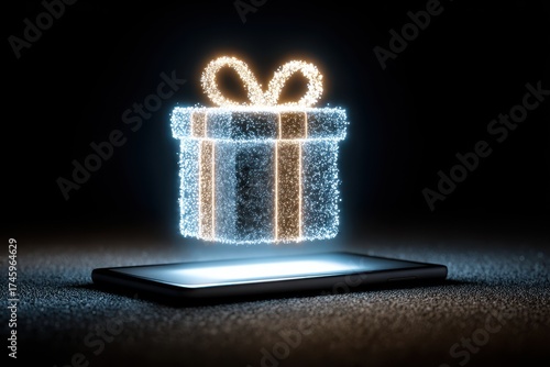 Floating gift box above smartphone screen illuminated in dark space