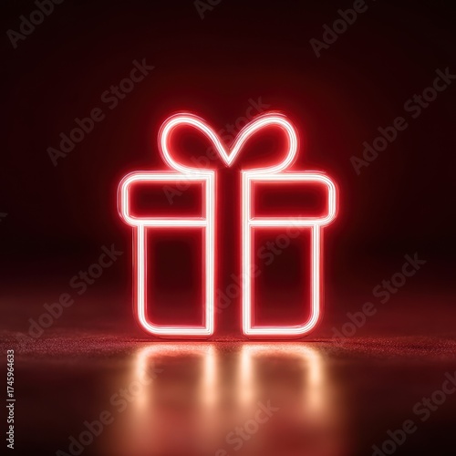 Neon Gift Box Outline with a Bow on Dark Red Background