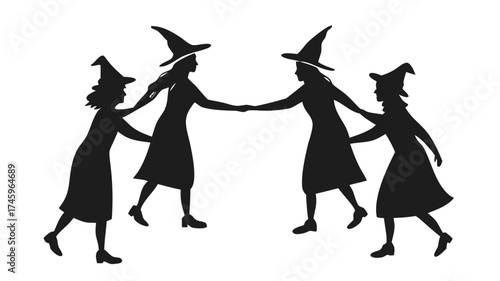 Halloween witches dancing circle silhouette,  A black silhouette of four witches in pointy hats, holding hands and dancing in a circle, representing a coven or magical gathering