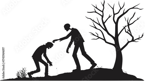 Zombie apocalypse silhouette, spooky walking dead on hill, A black silhouette depicts two zombies, one standing and one crouching, on a small hill with a bare tree in a spooky, apocalyptic scene