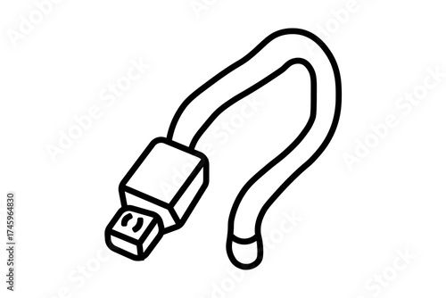 The image shows a black and white line illustration of a USB cable. The design features a flexible cord with a rectangular USB connector at one end, drawn in an isometric style with bold outlines.