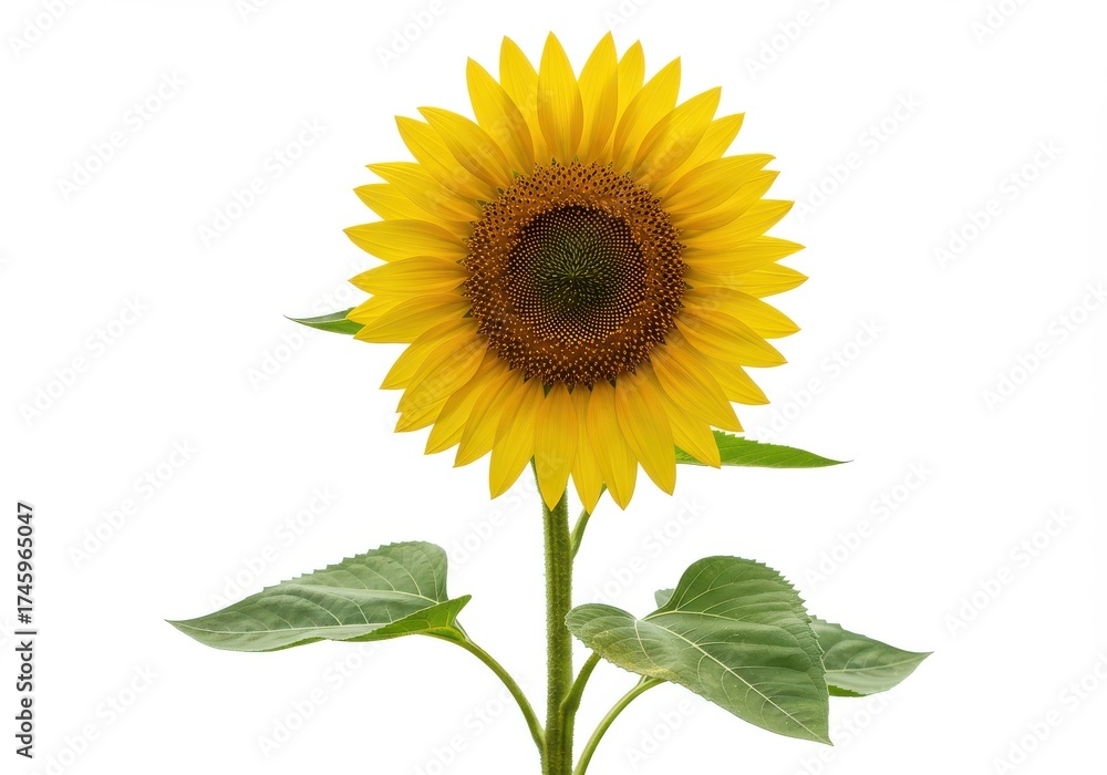 Obraz premium Bright yellow sunflower with green leaves on a white background.