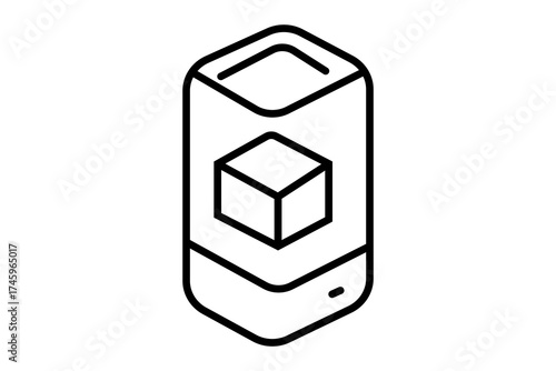 The image shows a black-and-white line illustration of a smartphone displaying a 3D cube on its screen.