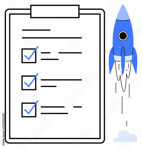 A clipboard with a checklist of completed tasks and a blue rocket launching upward. Ideal for productivity, goal completion, innovation, startup planning, success, team progress, and motivation