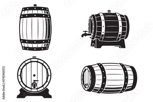 Collection of wooden barrel illustrations in various orientations, isolated on transparent background