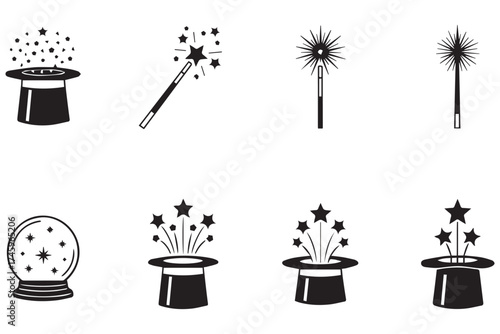 A set of magical icons featuring top hats, wands, and crystal balls, symbolizing enchantment and illusion, isolated on transparent background