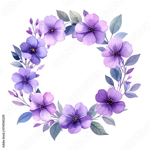 Watercolor floral wreath, circular design with violet and lavender flowers, green leaves