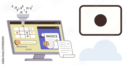 Computer monitor showcasing automated invoice processing, digital data funneling, and cloud storage. Ideal for finance, technology, automation, efficiency, data management, cloud operations modern