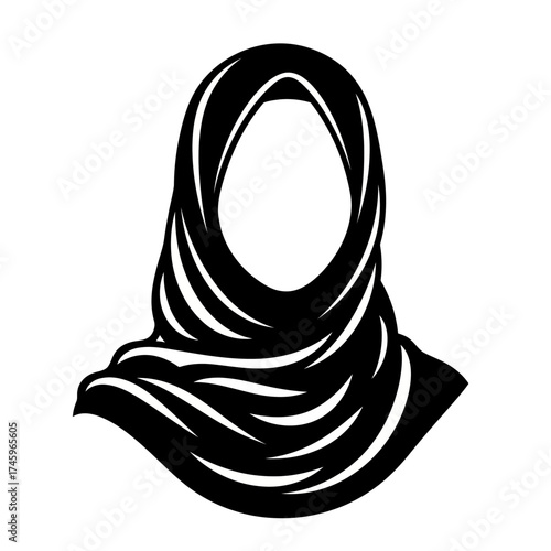 Stylized black and white illustration of a woman wearing a hijab