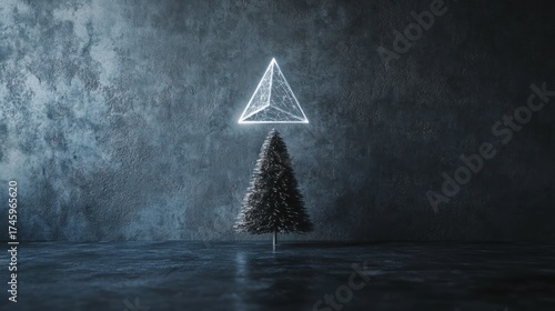 Levitating minimalist tree topper, geometric form made of pure light energy, against a dark textured wall, sharp focus