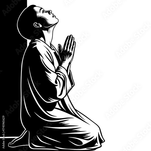 A person kneeling and praying with hands clasped together, looking upwards with a hopeful expression