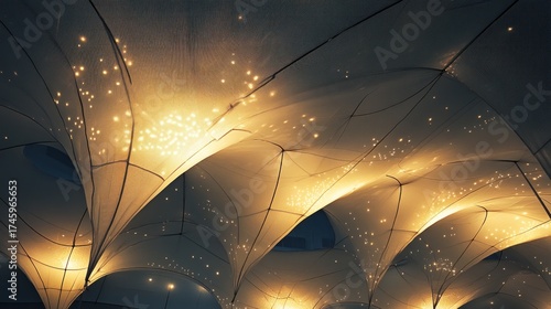Frei Otto's Tensile Roof of Spun Moonlight: A vast, lightweight tensile structure roof, Frei Otto style, the membrane woven from fine threads of solidified moonlight, glowing softly