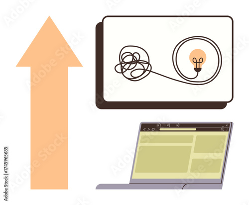 Orange arrow points to untangling wire with light bulb symbolizing an idea, above a laptop screen. Ideal for creativity, innovation, brainstorming, digital strategy, problem-solving