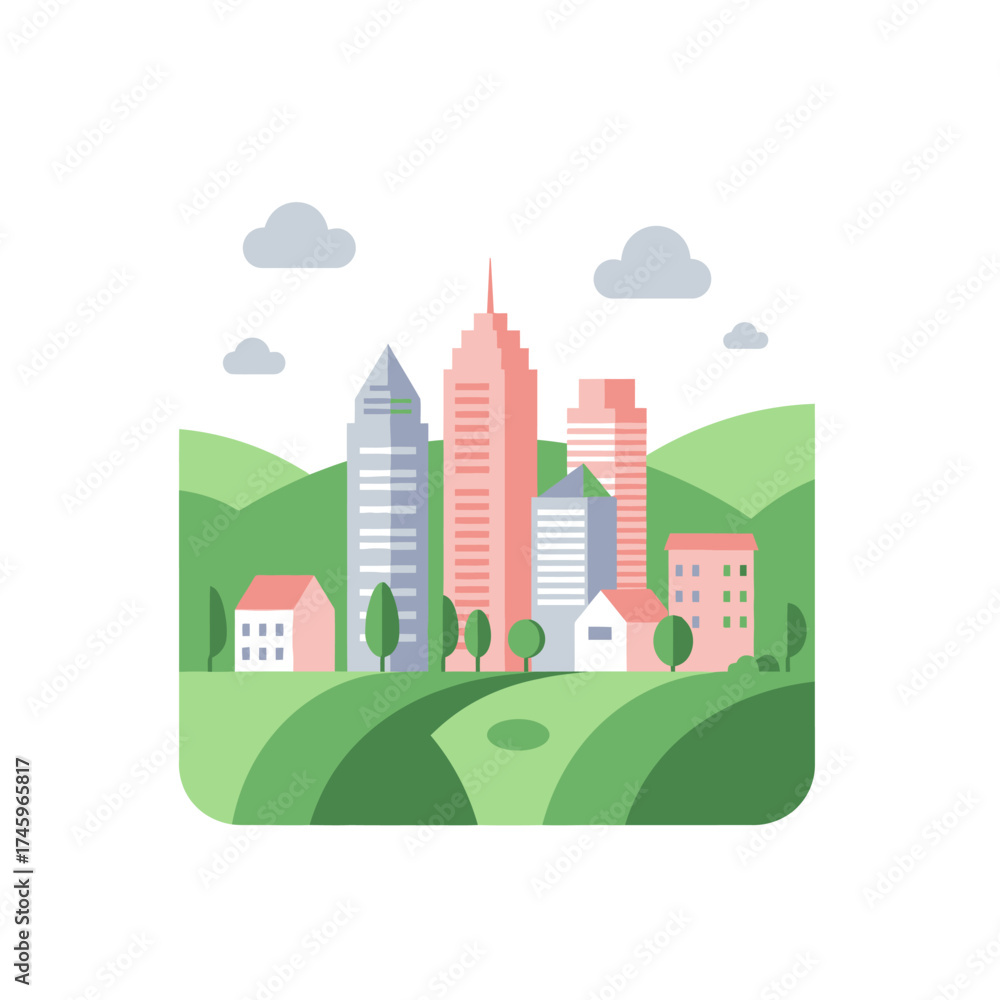 Fototapeta premium Modern Flat Design Minimalist Cityscape with Buildings and Green Landscape