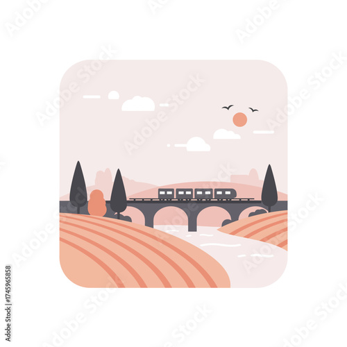 Minimalist Flat Train Ride Across Bridge Over River Illustration