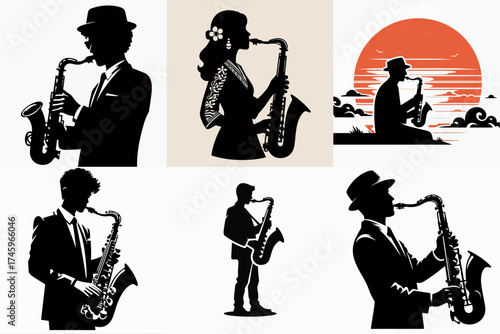 vector illustration set of silhouettes of people playing the saxophone