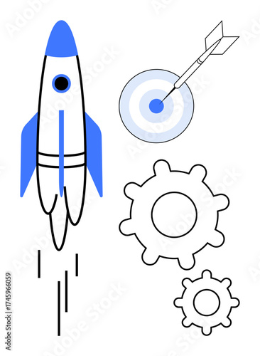 Rocket lifting off symbolizing ambition, dart hitting target for goal achievement, and gears for productivity. Ideal for business strategy, progress, innovation, teamwork, leadership, growth