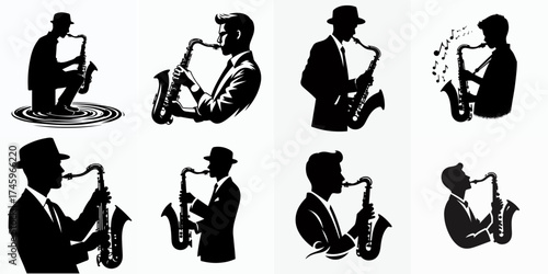 vector illustration set of silhouettes of people playing the saxophone cool