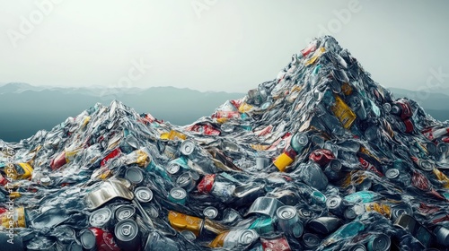 Crushed cans arranged to mimic a mountain range, metallic landscape, creative remix