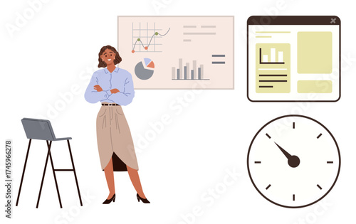 Woman standing near office chair with arms crossed, charts and graphs on whiteboard, digital tool interface, clock. Ideal for business, time management, leadership, presentations, analytics