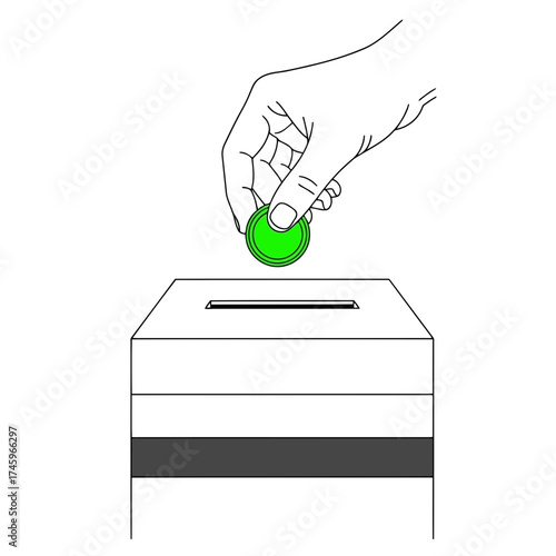 Hand dropping a green coin into a donation box
