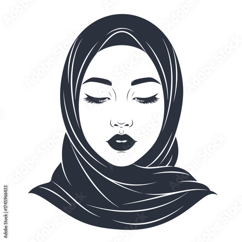 Beautiful illustration of a muslim woman wearing a hijab, with her eyes closed and a serene expression, symbolizing peace and elegance