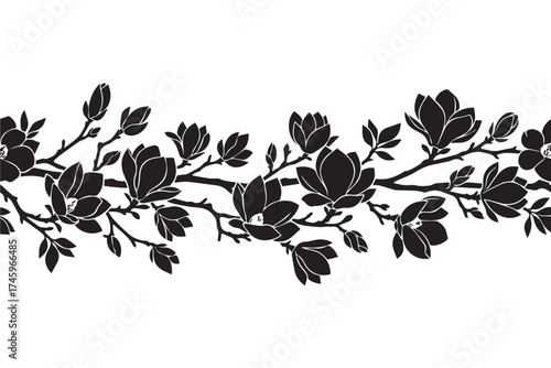 Black silhouette of a floral branch with blooming magnolia flowers and buds isolated on transparent background