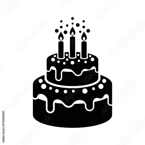 A black and white illustration of a twotiered birthday cake with three lit candles and sprinkles
