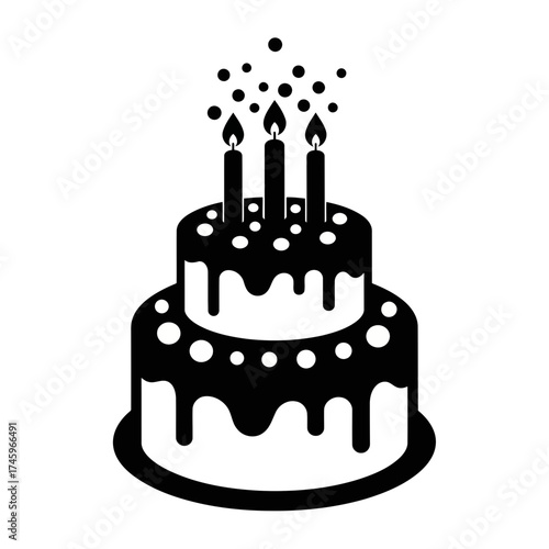 A black and white illustration of a twotiered birthday cake with three lit candles and sprinkles