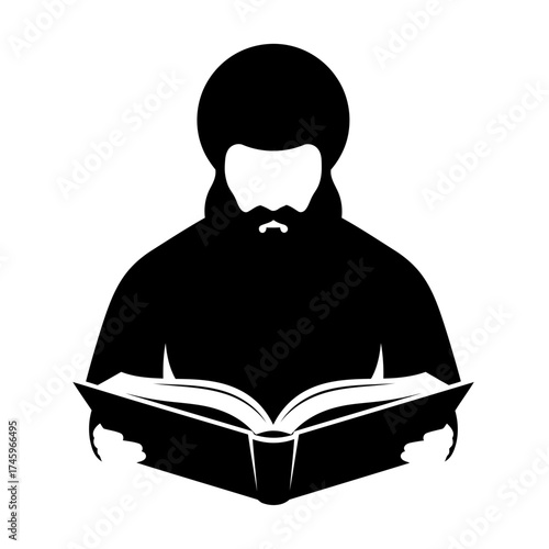 Silhouette of a monk or priest reading an open book