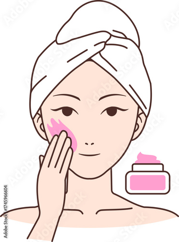 illustration of a woman applying pink facial cream on a transparent background