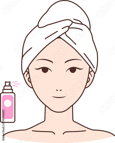 illustration of a woman applying facial mist on a transparent background