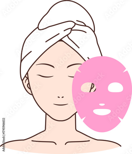 illustration of a woman with a pink sheet mask on a transparent background