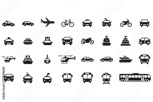 Collection of transportation icons including cars, airplanes, helicopters, boats, buses, and trains, isolated on transparent background