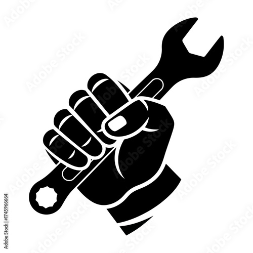 A black silhouette of a hand holding a wrench, isolated on a, symbolizing repair and mechanics