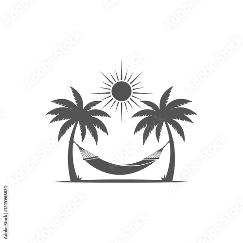Silhouette of a hammock strung between two palm trees under a bright sun