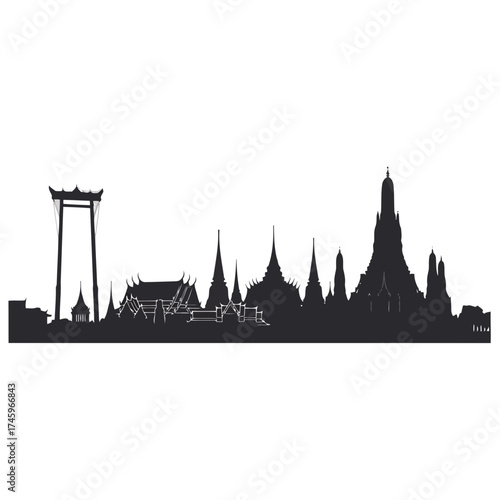 Bangkok skyline silhouette, featuring wat arun and the giant swing, iconic landmarks of thailands vibrant capital city