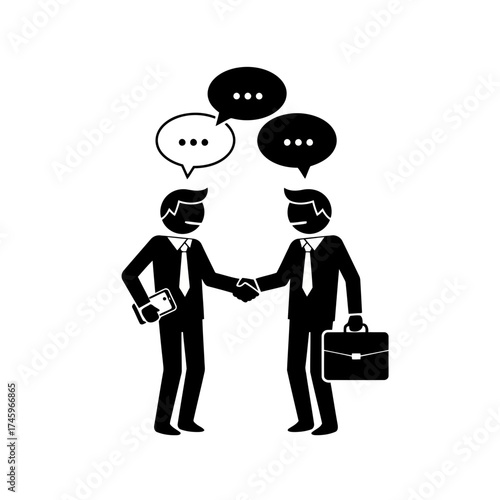 Two businessmen shaking hands with speech bubbles above their heads