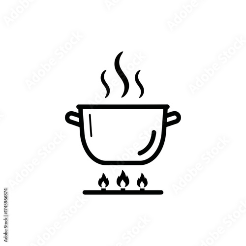A simple black and white line art icon of a cooking pot with steam rising from it, placed on a stove with flames