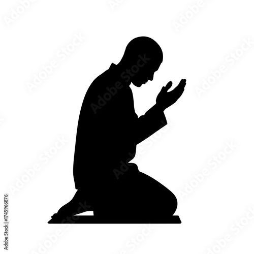 Silhouette of a man kneeling and praying with hands raised